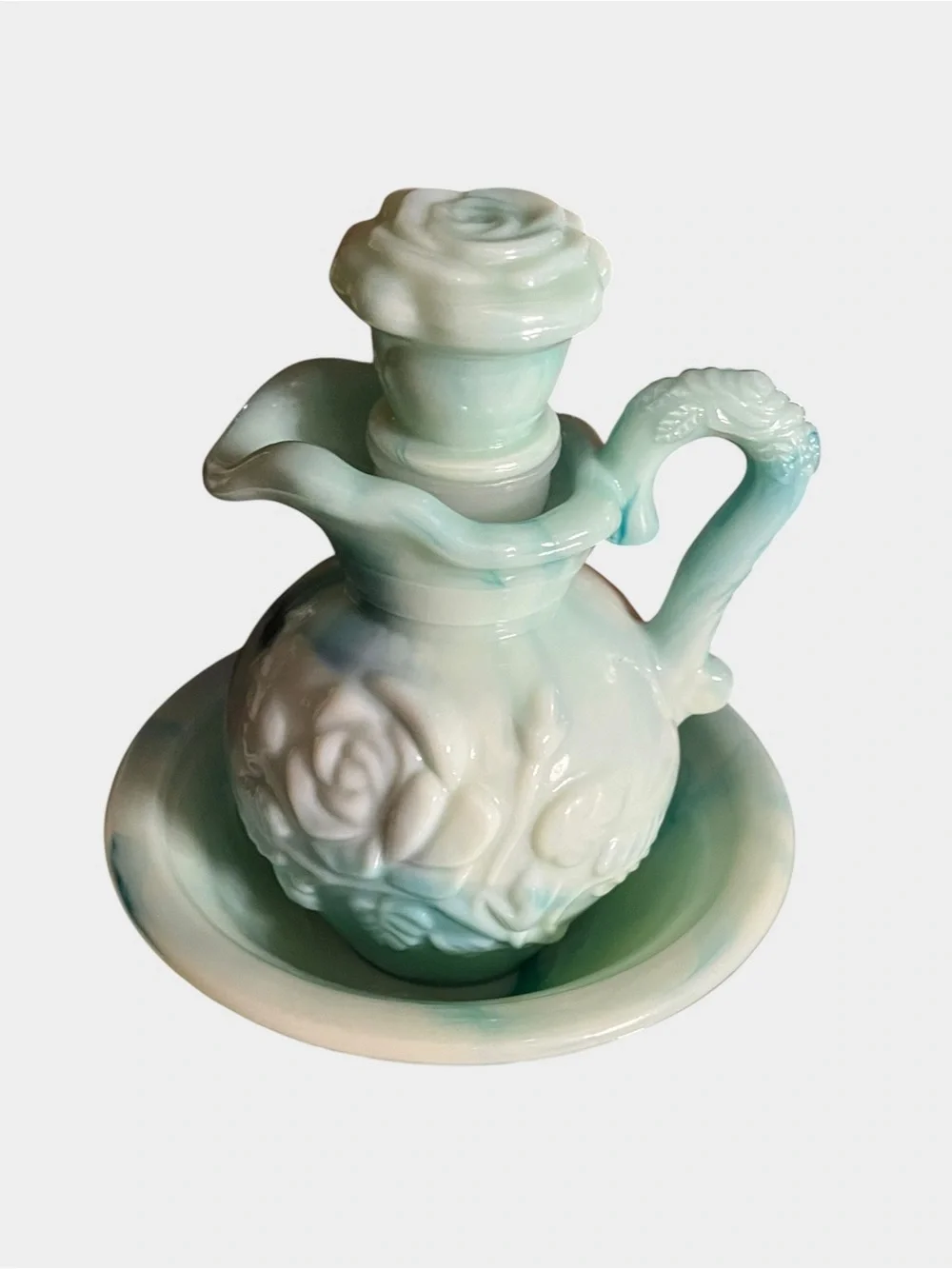 VINTAGE 1986 AVON Victorian Blue Green Milk Glass Rose Pitcher Basin Set - Picture 7 of 7